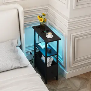 Narrow Side Table with Charging Station and LED Light, Skinny End Table for Small Spaces, Thin Sofa Side Table with 1 Fabric Drawer, Slim Nightstand for Living Room, Bedroom
