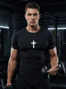 Men's Cross Print Short Sleeve Compression Shirt, Gym Workout Fitness Running T-Shirt Tees, Tight-Fitting Sporty Rash Guard Baselayers Undershirts, Summer Quick-Dry Breathable Round Neck Shirt, Athletic Tops