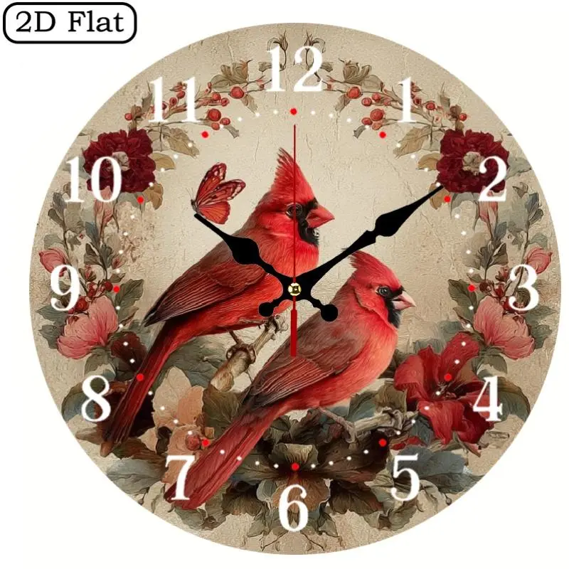1pc 12inch Round Red Cardinal Bird Wall Decor - Vintage Farmhouse Style Wood Grain with Cardinals, Silent Non-Ticng Clock Suitable for tchen, Bedroom, Office - Mother's Day & Christmas/New Year Gifts (Battery Not Included)