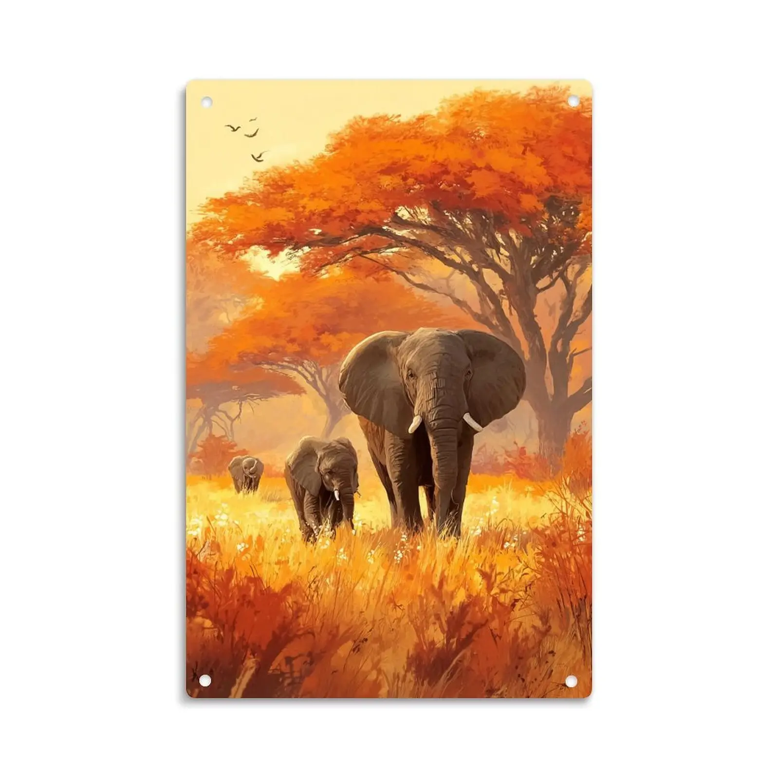 African Elephant Family in Autumn Sunset Tin Sign， Vintage African Safari Elephants Metal Sign Print Aesthetic Room Decoration for Home Bedroom Kitchen Bar Dorm Bathroom Wall Decor 8 X 12 Inch