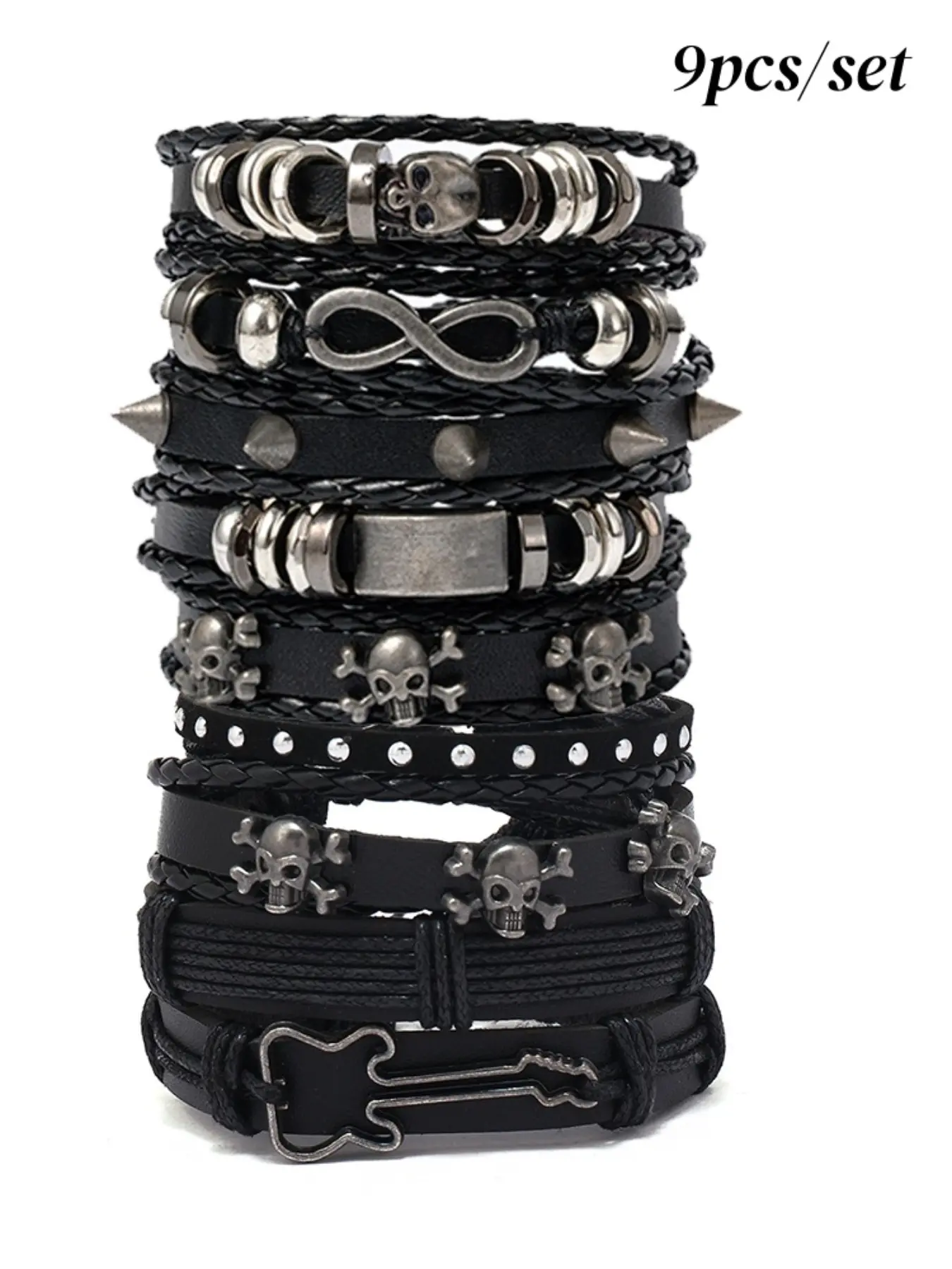 Men's Punk Style Skull Rivet Stackable Bracelet Set, PU Leather Handmade Jewelry, All-Season Accessory, Durable & Trendy Design, Stacking Bracelet, Bracelets Jewelry
