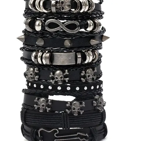 Men's Punk Style Skull Rivet Stackable Bracelet Set, PU Leather Handmade Jewelry, All-Season Accessory, Durable & Trendy Design, Stacking Bracelet, Bracelets Jewelry, Stacked Bracelets