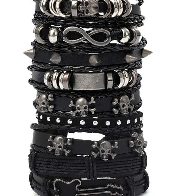 Men's Punk Style Skull Rivet Stackable Bracelet Set, PU Leather Handmade Jewelry, All-Season Accessory, Durable & Trendy Design, Stacking Bracelet, Bracelets Jewelry, Stacked Bracelets