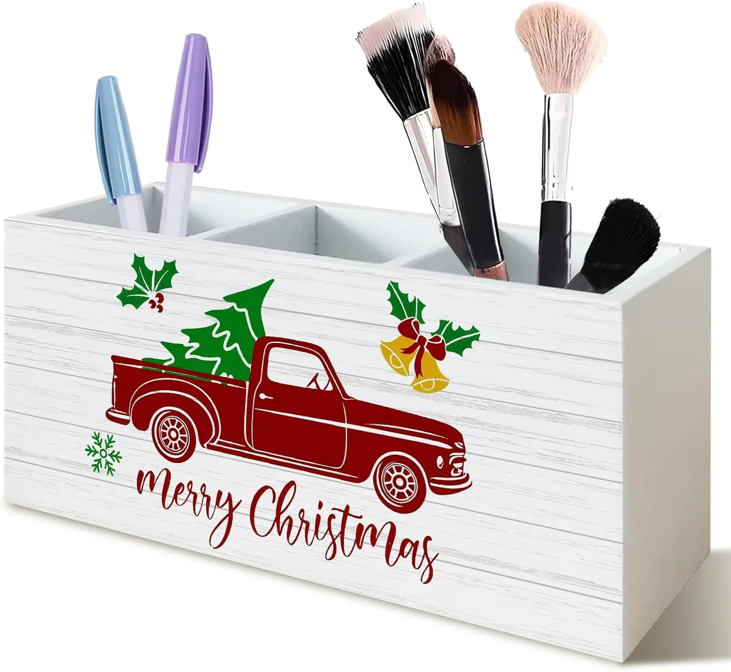 Merry Christmas Pen Pencil Holder for Desk, Vintage Red Pickup Truck Christmas Tree Bells Wood Signs for Home Office Desk Tabletop Decor and Accessories