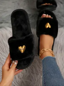 Women's New Fuzzy Home Slippers, Fashion Simple Design, Sweet Heart Decoration, Soft Plush, One-Piece Easy Wear, Fall & Winter Comfort, Slippers Indoor