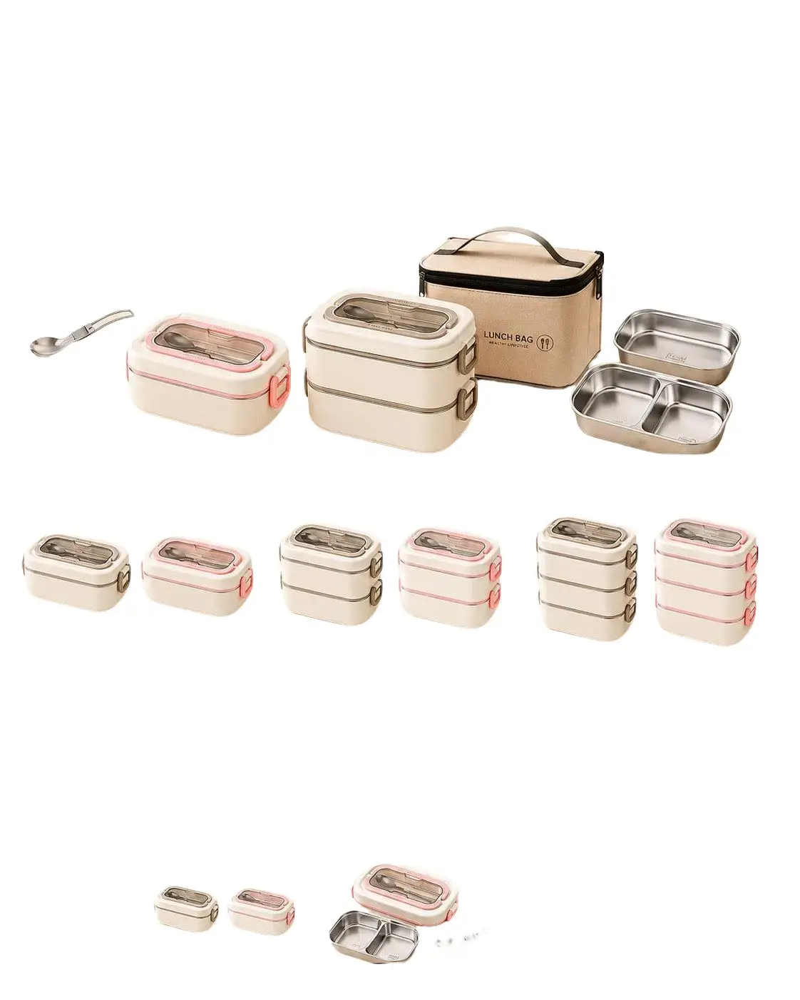 304 Stainless Steel Adult Lunchbox - Plain Finish, Simple Look Portable Kitchenware Container with Insulated Bag, Set Includes Spoon