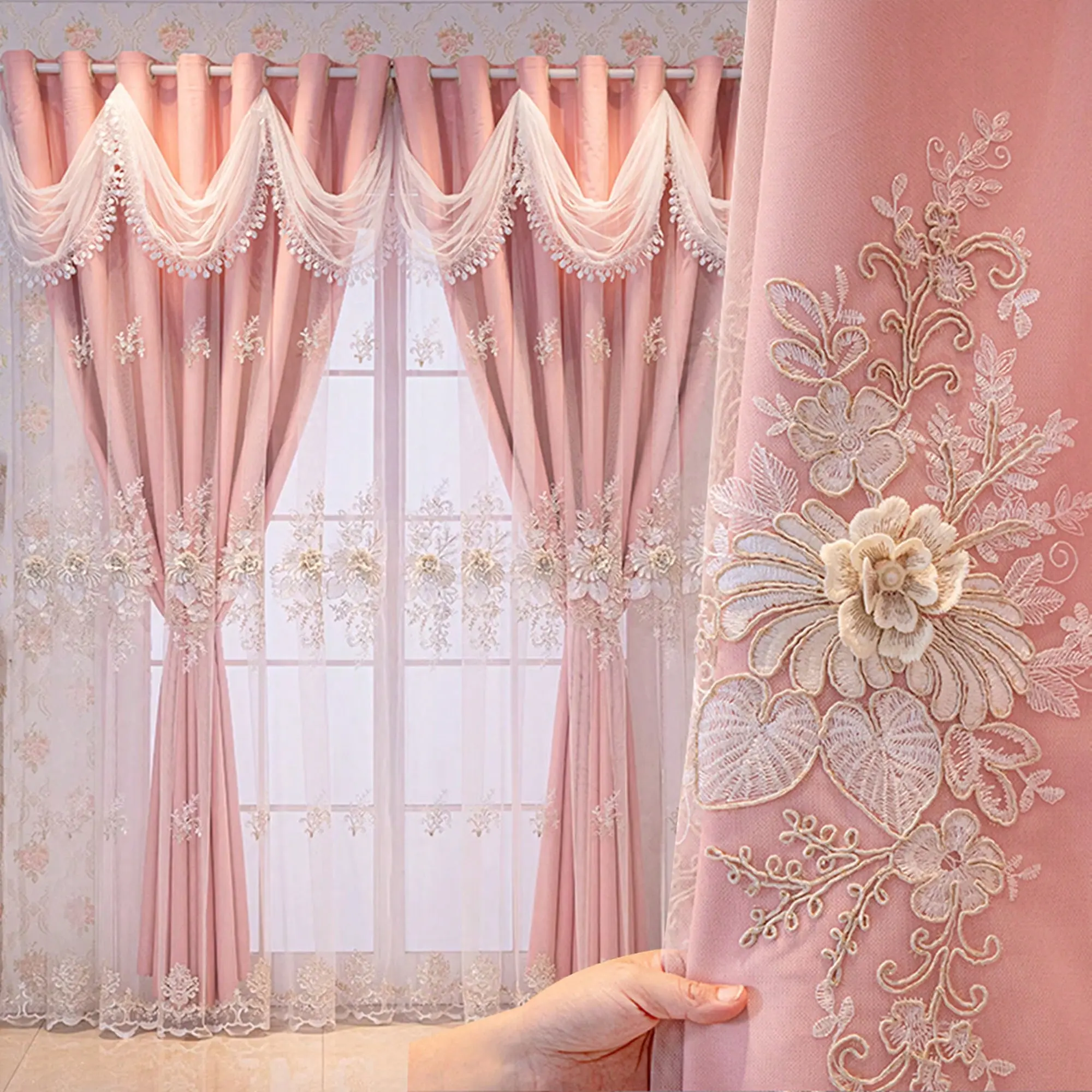 Luxury Royalty Heavy Grommet Curtains with Wavy Curtain Valance - 1 Pair Double-Layer Embroidered for Living Room, Room Decor (Beige, Pink, Grey, 52x95 in), Curtain Valances