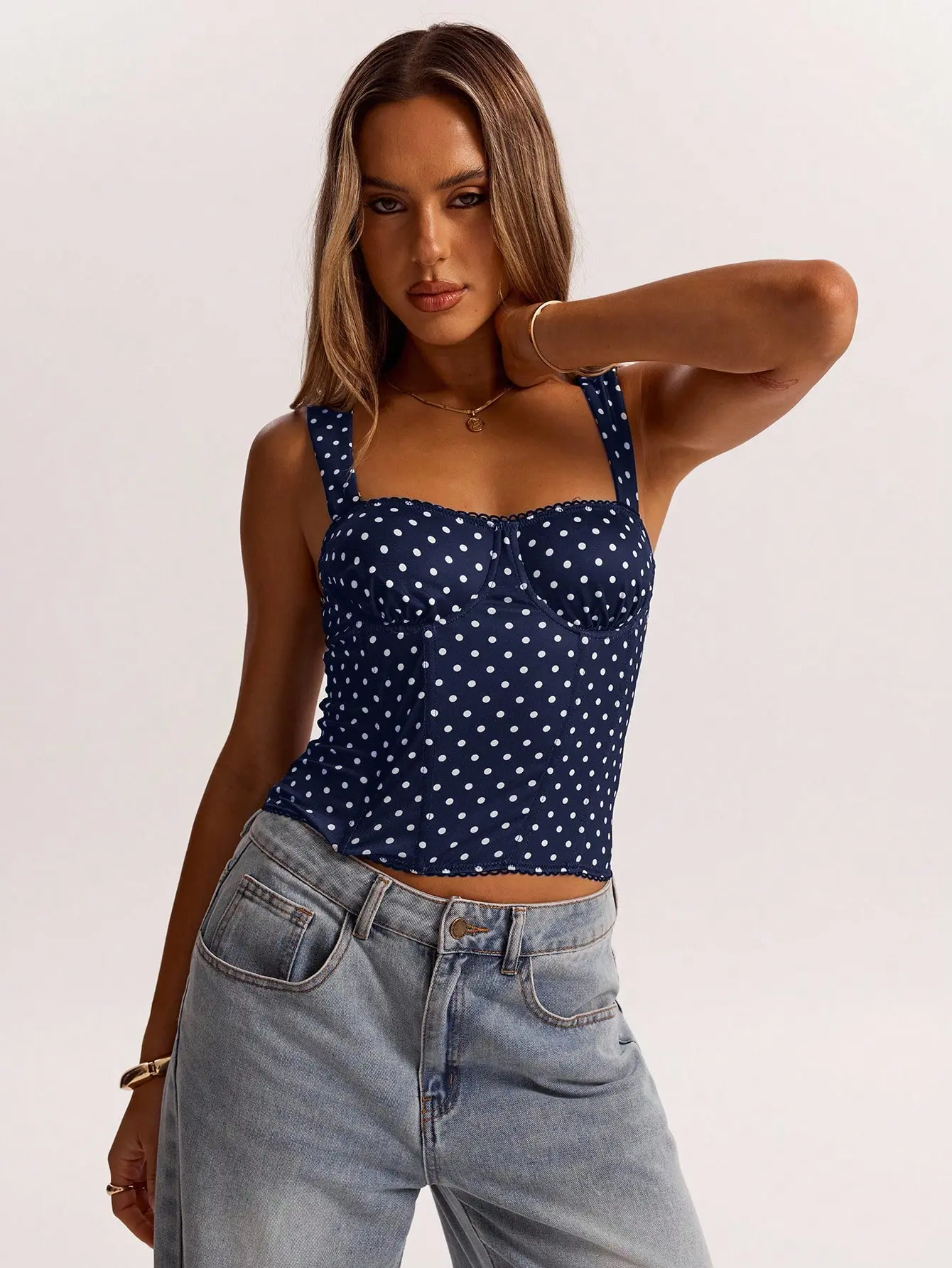 Women's Polka Dot Square Neck Camisole - Corset Style Sleeveless