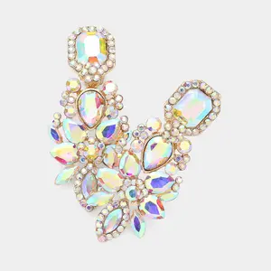 Multi AB Stone Cluster Chandelier Clip on Pageant Earrings on Gold | Prom Earrings |  624304