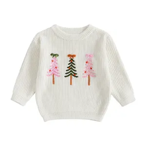 Toddler Baby Christmas Outfit Baby Girl Christmas Sweater Christmas Tree Embroidery Long Sleeve Crewneck Knit Sweater Cute Baby Girl Fall Winter Clothes