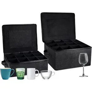 2 Pack Glass Storage Box with Dividers for Mugs & Glassware Coffee Cup Kit Stemware Storage Containers for Packing and Moving 12  Glassware,  Glasses, Drinkware (Gray)