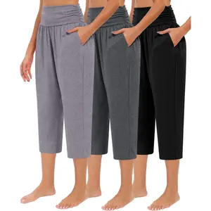 3 Pack Capri Pants for Women Casual Summer Lounge Yoga Pants Crop High Waist Loose Fit Sweatpants Pajamas with Pockets