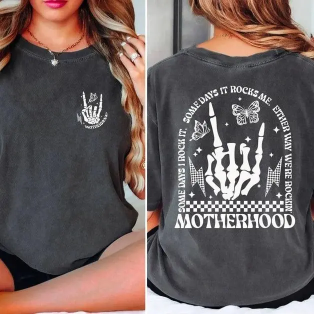 Motherhood Rock skeleton Comfort Colors shirt, “Some days I rock it” trendy mom tee, stylish women’s shirt celebrating the fun and chaos of rocking motherhood daily