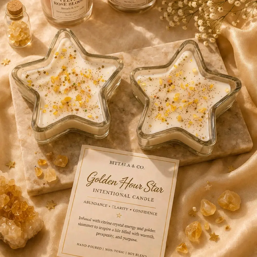 Bittala & Co. Golden Hour Star Intentional Candle - Abundance Clarity Confidence - Hand-Poured Non-Toxic Soy Blend - Star-Shaped Glass Container