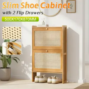 Shoe Storage Cabinet for Entryway with 2 Flip Drawers, Narrow Wood Shoe Cabinet with Fluted Panel, Freestanding Hidden Shoe Organizer for Foyer, Hallway