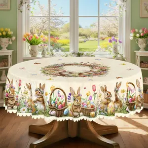 1pc, Easter Themed Party Tablecloth, Spring Summer Rabbit Colored Eggs Tulip Daisy Floral Printed Design, Rectangular/Round/Oval Table Cloth, Embossed Edge, Suitable for Indoor Outdoor Dining Picnic Dinner Dining Room Decoration