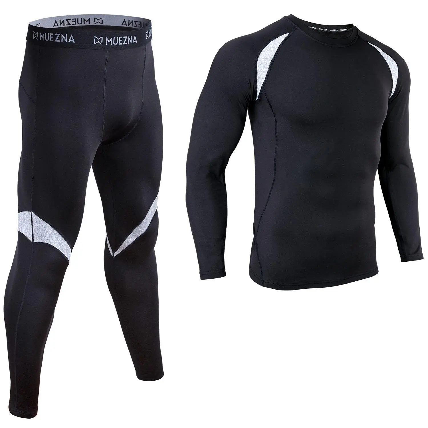 Muezna Men's 2-Piece Athletic Thermal Underwear Set - Long-Sleeve Shirt, Brushed Fleece-Lined Fabric, Elastic Leggings, Warm Anti-Pilling Base Layer, Workout, Moisture-Absorbing, Soft Breathable, Stretchy Sports Underwear for Sport, Gym, Workout Underwear