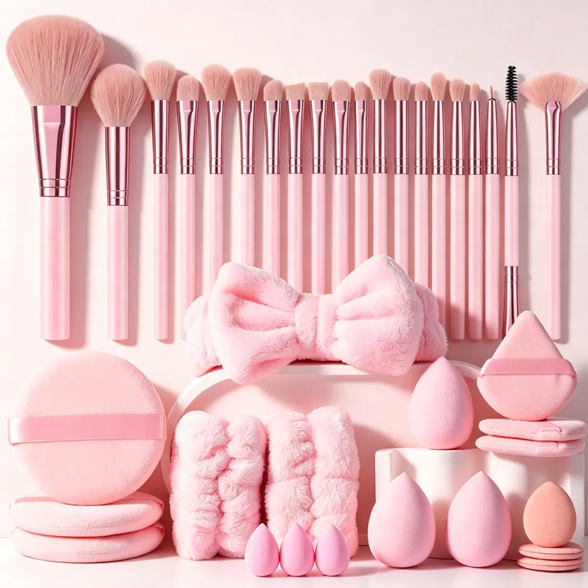 Cosmetic Makeup Tools Gift Set for Women, Makeup Brush Set, Triangle Powder Puffs,  Mini Cushion Puffs,  Hairband,  Hand Bowl Straps,  Brush Cleaner,  Facial Cleansing Sponges, Compact Setting Kit