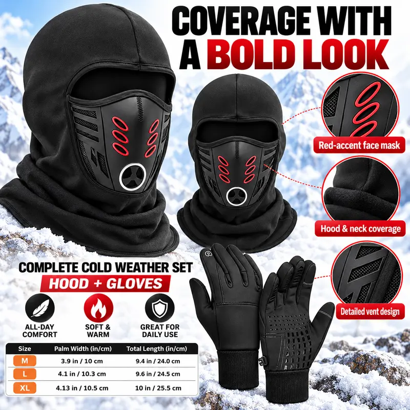 Winter Balaclava Face Mask and Touchscreen Gloves Set for Men and Women, Full-Coverage Hood with Warm Fleece-Lined Anti-Slip Gloves for Cycling, Running and Outdoor Activities,sohochic