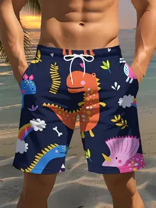 Men's quick-dry swim trunks, lightweight and waist-tied for the beach, navy blue with tropical dinosaur and marine life prints (shark, turtle, fish). Non-restrictive and durable swimwear, suitable for surfing, swimming, fitness, and vacation use. Machine