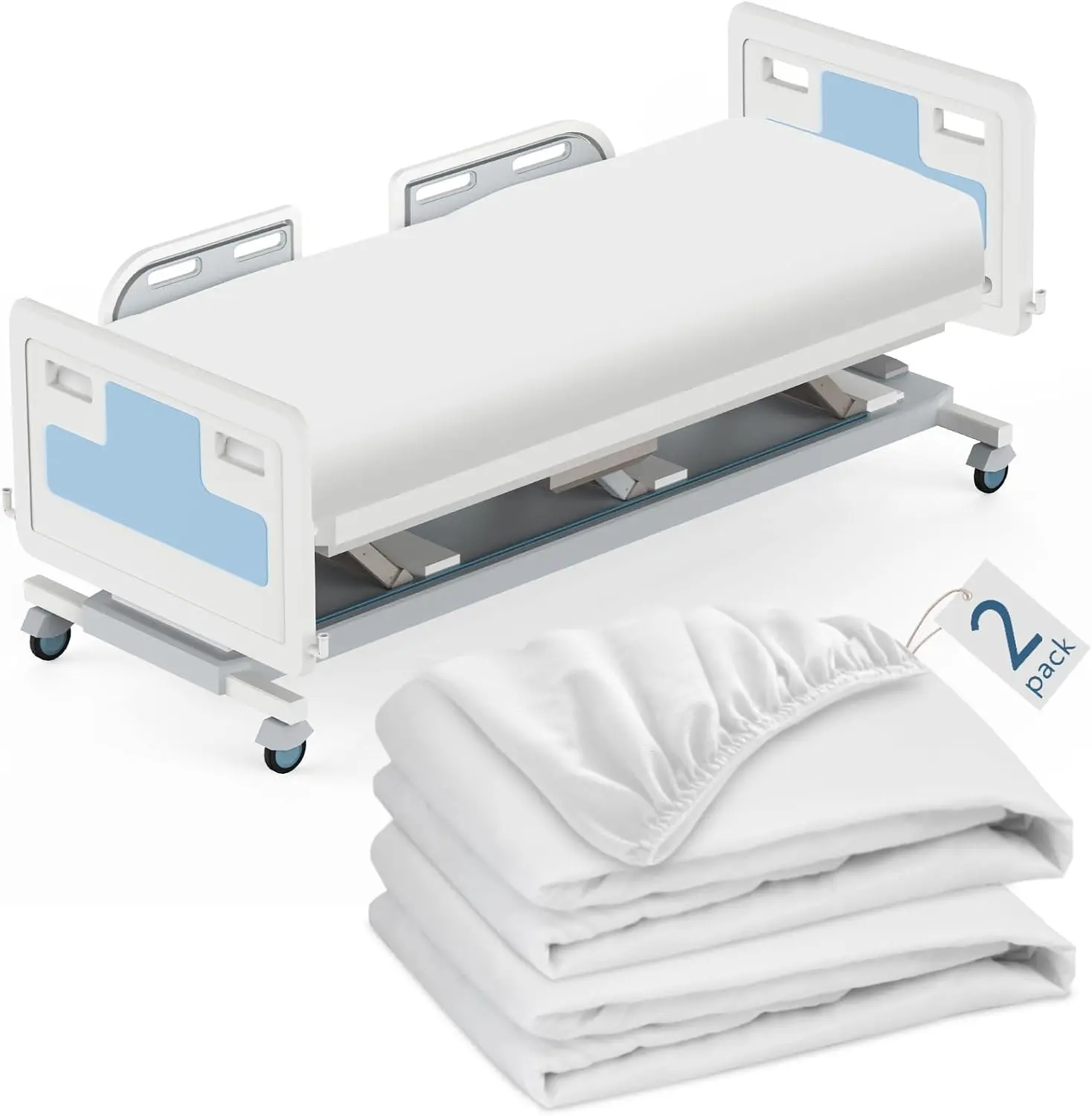 2 Pack 36" x 84" x 9" Hospital Bed Fitted Sheets, Soft with Elastic All Around, Suitable for Home & Hospital Care Beds, White