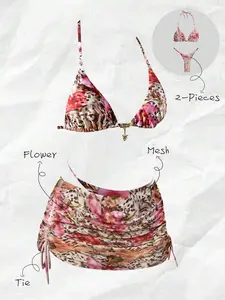 Elavelle Spring Break Women's Random Print Spaghetti Strap Sexy Bikini Swimwear Sets, Summer Outfits