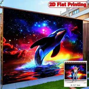 2D FLAT Banner, 1pc Space Artistic Orca Colorful, Polyester background banner, suitable for living room, bedroom and other indoor and outdoor decoration, is a perfect home decoration for parties and festivals