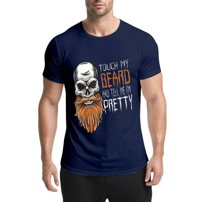 Sohochic Men's Cotton Lightweight Crew Neck Short-Sleeve Graphic Tshirt - Funny Beard Skull Design, Touch My Beard Quote, Menswear Streetwear Clothing Casual Novelty Gift Top
