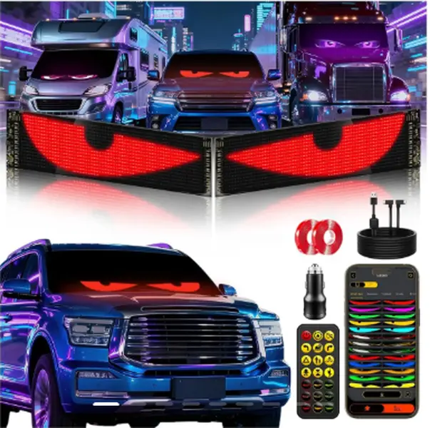 24"x5" Large LED Devil's Eyes Windshield Panel Lights, 5V/2A USB Power Programmable Display, Waterproof Flexible Sign, APP/Remote Control, Custom Eye Patterns, Halloween Car Decor, Car Exterior Upgrade Automotive Interior Accessory