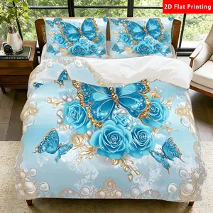 2/3 Pcs 2D Flat Elegant Blue Butterfly and Rose Duvet Cover Set, Butterfly Rose Bedding Set Quilt Cover 1 Duvet Cover + 1/2 Pillowcases, Shabby Chic Top Sheet Decorative Bedding Bedroom Decor