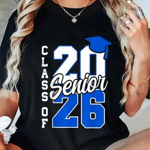 100% Cotton Class of 2026 Senior T-Shirt - Graduation Cap Graphic Tee, Black with Blue Lettering, Top for Back to & Graduation Events Event Apparel Playful Design Machine Washable Graduation Shirts for Family