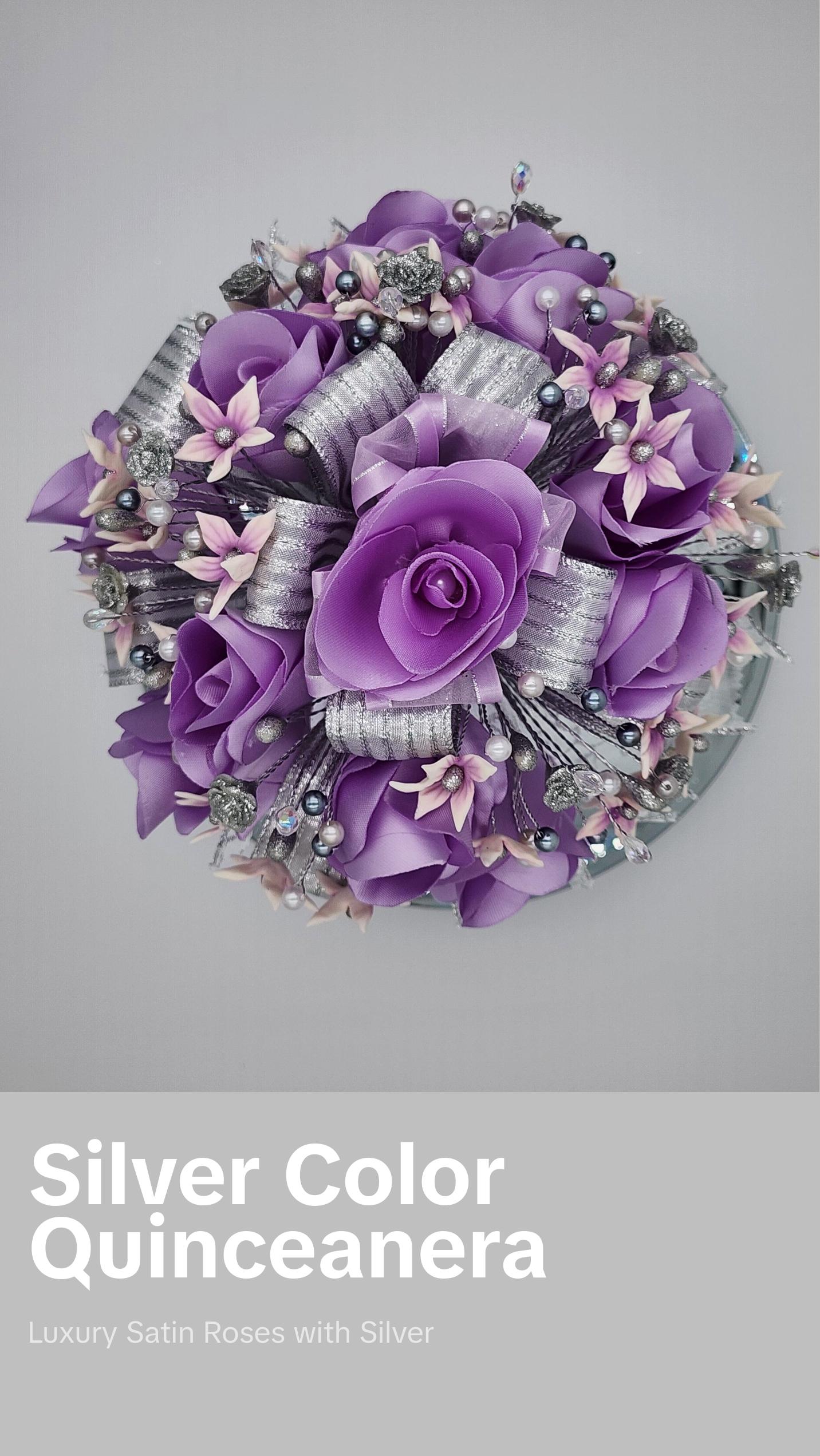 Lila Silver Artesanal Satin Flower Quinceanera Bouquet with Handmade Porcelain Flowers and Silver Accents Decorative Floral Arrangement