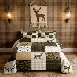 Camouflage Comforter Set,Woodland Camo Quilt Set,Green and Beige Plaid Print Bedding Set for Kids Boys Teens Room Decor,Animal Deer Antlers Duvet Insert