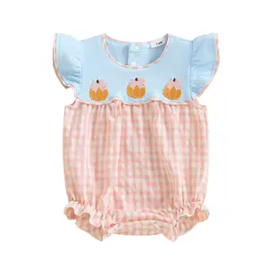 Newborn Baby Girl Halloween Outfit Ruffle Sleeve Pumpkin Embroidery Bubble Romper Plaid Onesie Bodysuit Jumpsuit