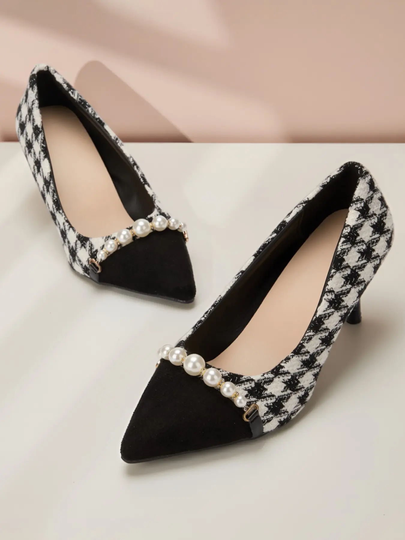 Elegant Checkered High Heel Shoes, Pearl Decorated Pointed Toe, Slim Heel Women's Footwear, Fashionable and Stylish Design