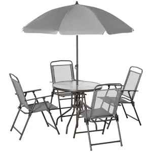    [Bellemave] 6 Pieces Wicker Patio Dining Set with Umbrella, Outdoor Round Glass Table & 4 Folding Chairs for Garden, Backyard and Poolside