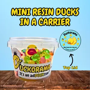 Translucent Mini Resin Ducks Bucket 100 Count Gift Exchange Set with Carrier & Surprise Duck in a Carrier Top Lid