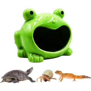 Reptile Tank Accessories – Ceramic Cartoon Frog Hideout with Open-Mouth Entrance, Cute Habitat Shelter for Hermit Crabs, Tortoises, Geckos, Tarantulas & Small Reptiles