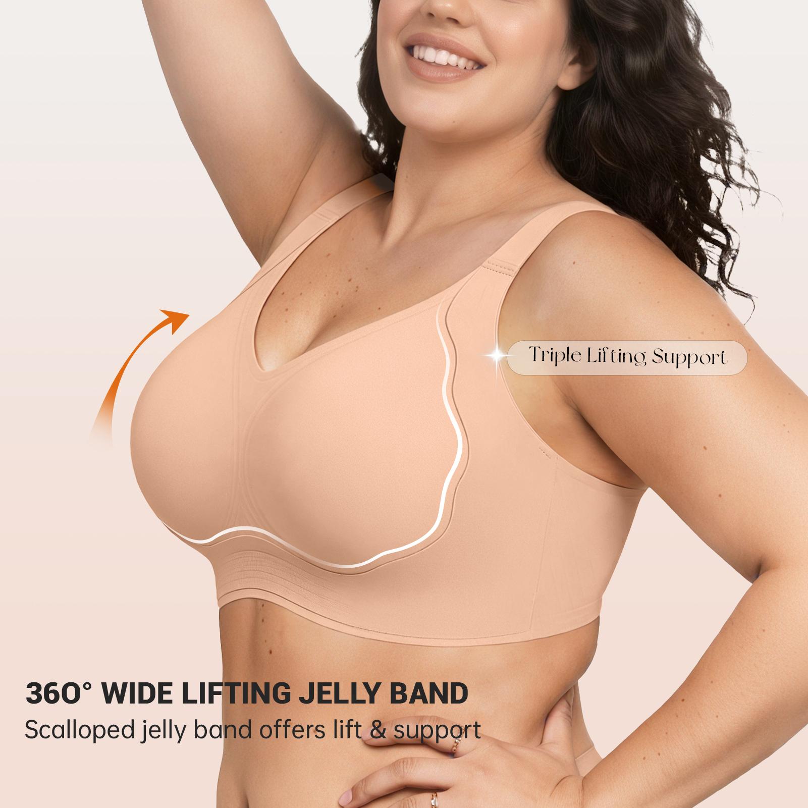 OEAK Supportive Push Up Jelly Bra For Women Comfy Light Lift Tshirt Bra Wireless Full Coverage Bra V Neck Plus Size Everyday Bras