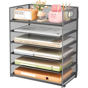 6 Tier Paper Organizer for Desk with Handle, Metal Mesh Desk Office File Folder Paper Letter Tray Accessories Organizer Sorter for Home, School, Office Desktop Document Organization - Gray