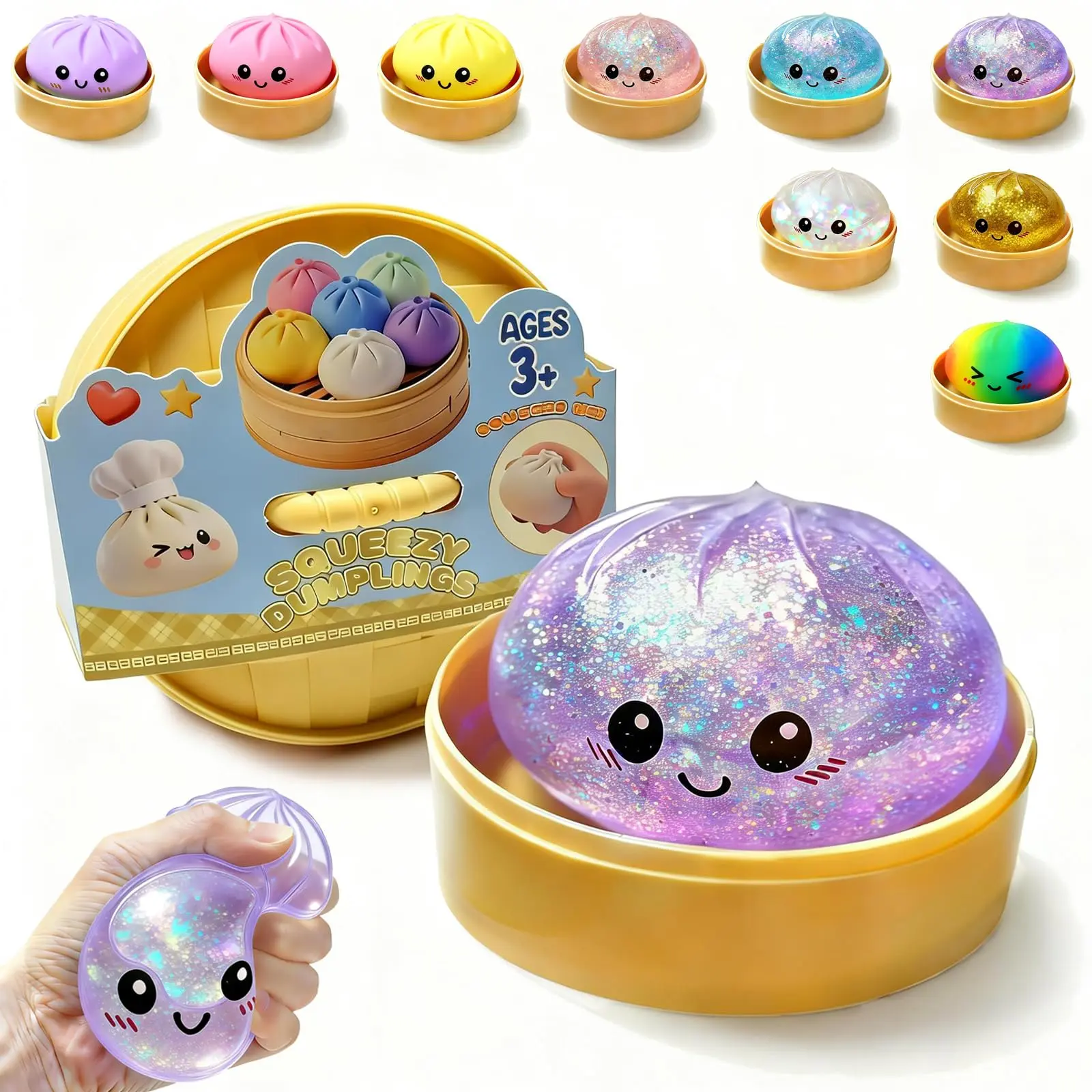 Blind Box 2026 New Gitter Dumpling Squishy with Steamer Box, Soft Sensory Fidget Steamed Bun Squeeze Toy for Adult Stres AnietyRelief