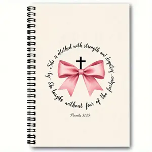 Spiral-Bound Notebook with White Cover, Design, Pink Ribbon Bow with Black Cross Knot, Handwritten Proverbs 31:25 Text, Devotional Notebook, Black Spiral Binding - Inspirational Journal, Daily Devotional Journal