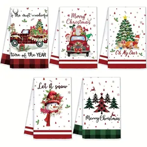 Christmas Kitchen Towel Set 5 Pieces, Super Absorbent Microfiber Holiday Dishcloths, Plaid Snowman Gingerbread Man Reindeer Tree Designs, Microfiber Cleaning Towels