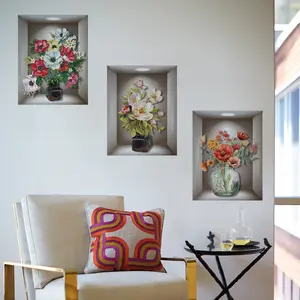 A set of three (35*45cm*3pcs) vase plant triptych wall stickers for decorating and beautifying self-adhesive background walls, entrance halls, and living rooms, Floral Pattern Sticker, Decorative Wall Sticker. Model: ATW045