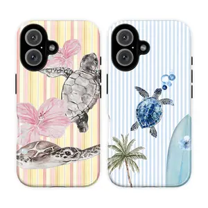 Blue Sea Turtle iPhone Case, Beachy Coastal Ocean Phone Cover for iPhone 17 16 15 14 13 12 Series, Cute Surfboard Palm Tree Marine Life Protective Case, Summer Vacation Gift for Girls & Women