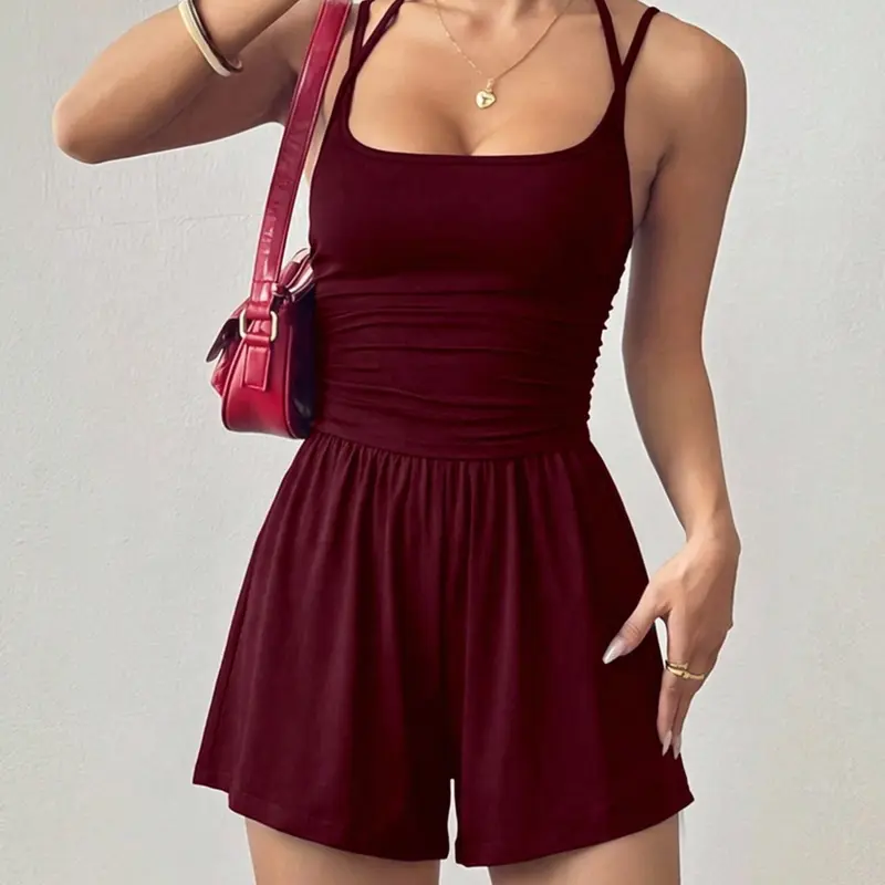 Women's Casual Fit Ruched Knitted Sleeveless Spaghetti Strap Short Romper, Perfect for Daily Wear & Outdoor Activities, Summer, Y2K Style, Comfortable Home Loungewear
