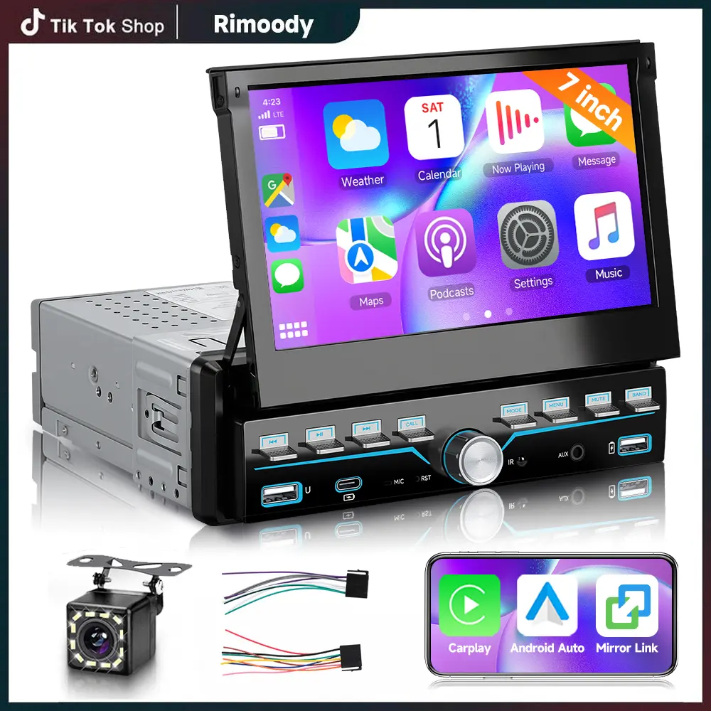 RIMOODY Single Din Aftermarket Car Stereo System, 7-Inch Manual Telescopic IPS Panel 1024x600 Touch Screen, 1080P HD MP5 Player, Bluetooth Hands-Free, FM Radio, Rearview Camera Compatible, CarPlay Adapter, USB-C (Father's Day Gift)