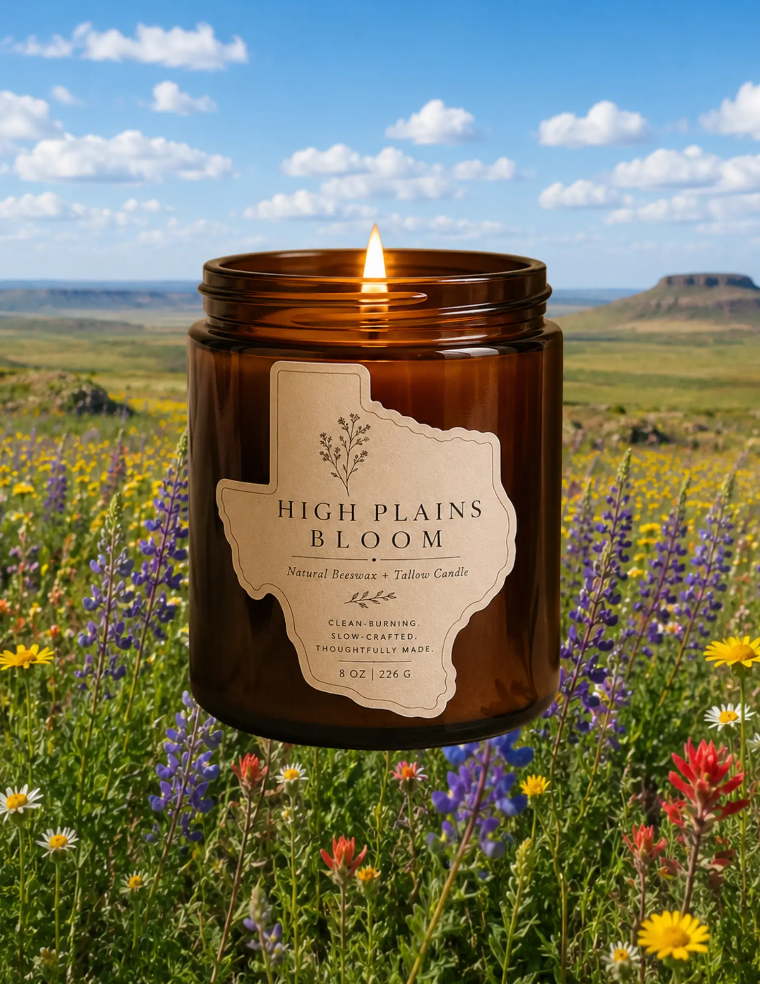 High Plains Bloom- Light floral scent, Beeswax + Tallow Candle