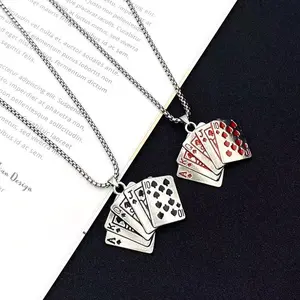 Punk Stainless Steel Royal Flush Pendant Necklace Ace of Spades Lucky Amulet for Men Women 27.6" Chain Hip Hop Unisex Poker Jewelry Gift