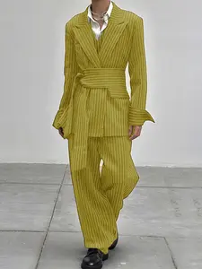 INCERUN Men's Striped Long Sleeve Belted Suit + Pants Business Set, Stylish Office Wear, Comfortable and Elegant, Perfect for Work